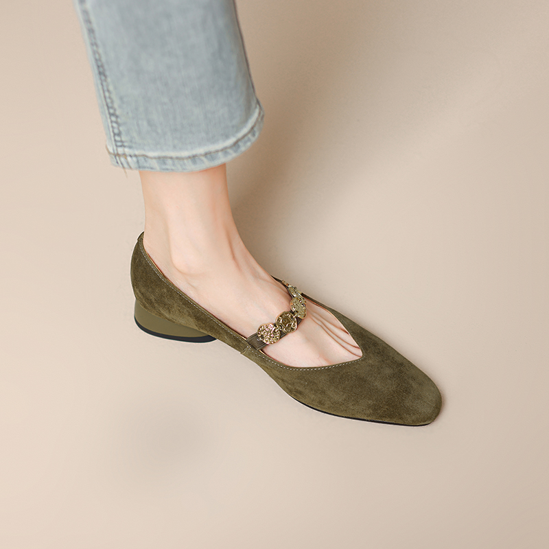 Suede Square-Toe Mary Jane Shoes for Women with Gold Chain, Low Heels, French Style