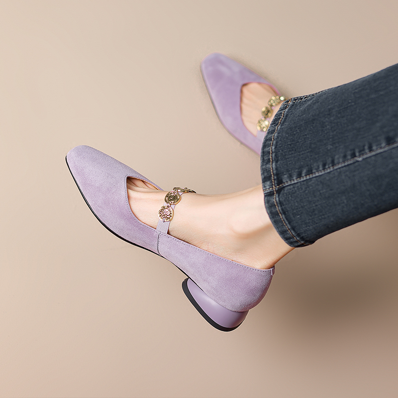 Suede Square-Toe Mary Jane Shoes for Women with Gold Chain, Low Heels, French Style Suede Square-Toe Mary Jane Shoes for Women with Gold Chain, Low Heels, French Style