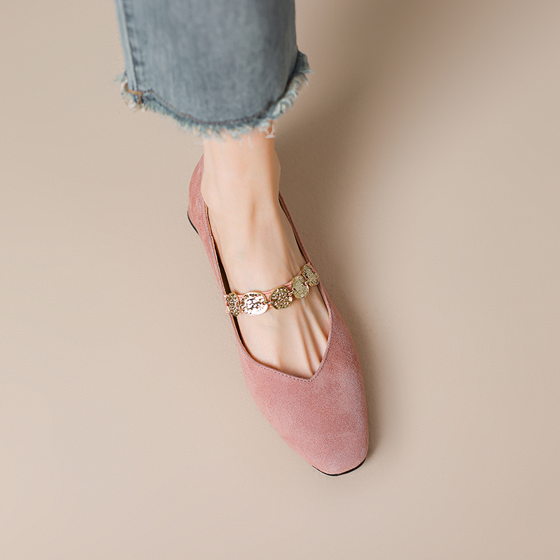 Suede Square-Toe Mary Jane Shoes for Women with Gold Chain, Low Heels, French Style Suede Square-Toe Mary Jane Shoes for Women with Gold Chain, Low Heels, French Style