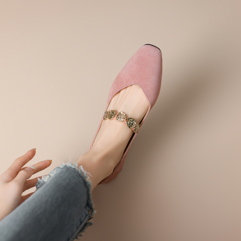 Suede Square-Toe Mary Jane Shoes for Women with Gold Chain, Low Heels, French Style Suede Square-Toe Mary Jane Shoes for Women with Gold Chain, Low Heels, French Style
