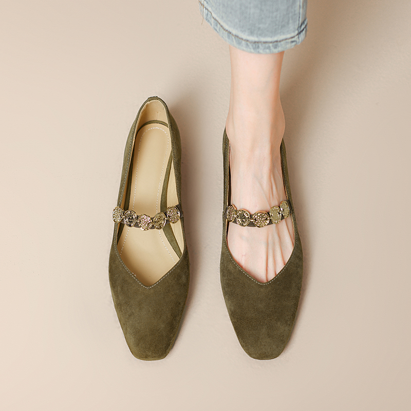 Suede Square-Toe Mary Jane Shoes for Women with Gold Chain, Low Heels, French Style Suede Square-Toe Mary Jane Shoes for Women with Gold Chain, Low Heels, French Style