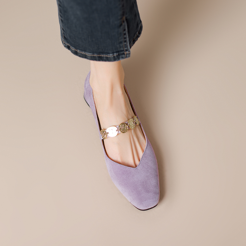 Suede Square-Toe Mary Jane Shoes for Women with Gold Chain, Low Heels, French Style Suede Square-Toe Mary Jane Shoes for Women with Gold Chain, Low Heels, French Style