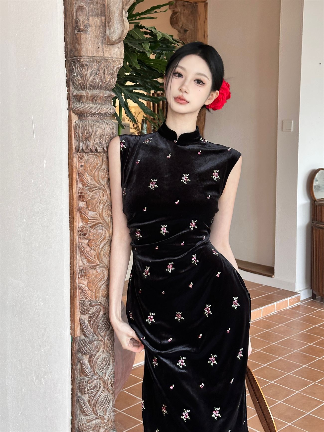 Summer 2025 Black Velvet Cheongsam Dress for Girls, Improved Retro Chinese-Style with Modern Touch Summer 2025 Black Velvet Cheongsam Dress for Girls, Improved Retro Chinese-Style with Modern Touch