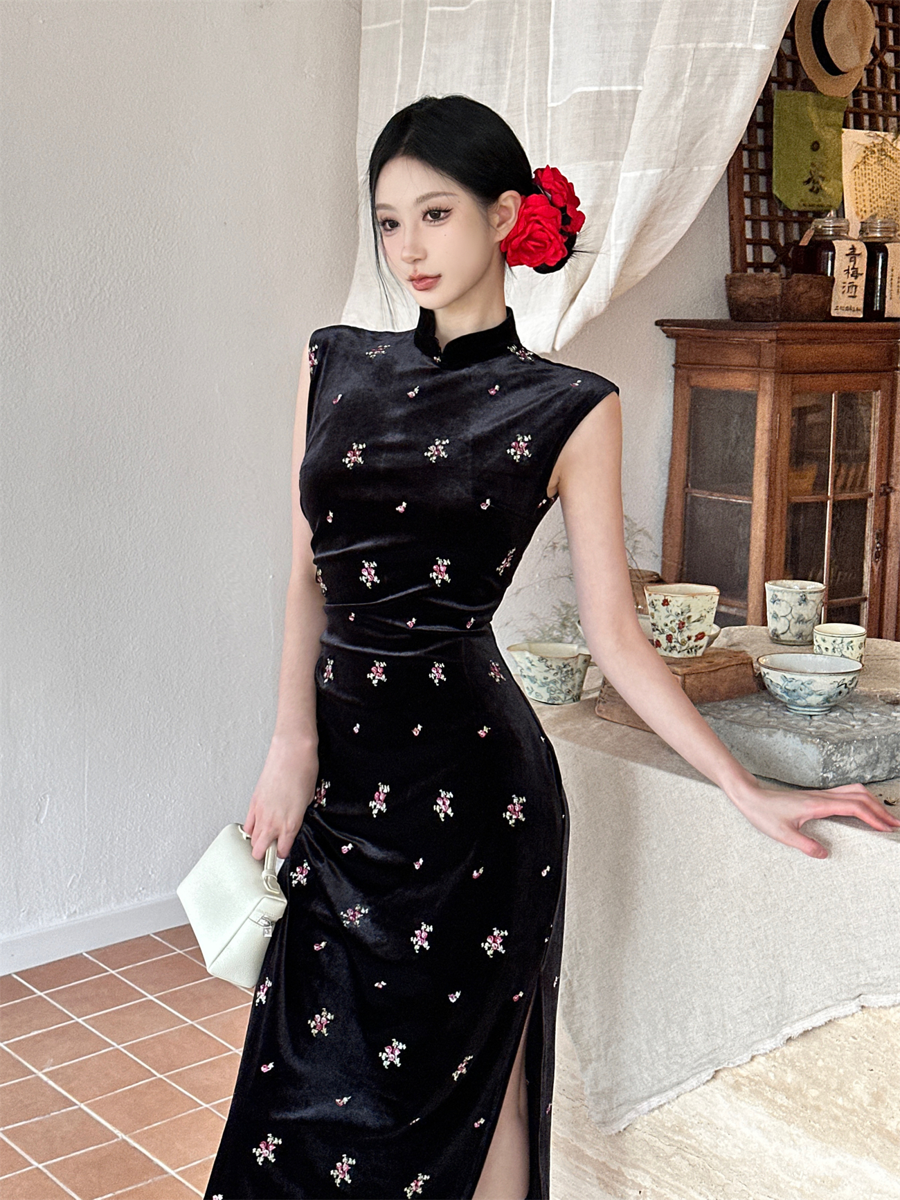 Summer 2025 Black Velvet Cheongsam Dress for Girls, Improved Retro Chinese-Style with Modern Touch