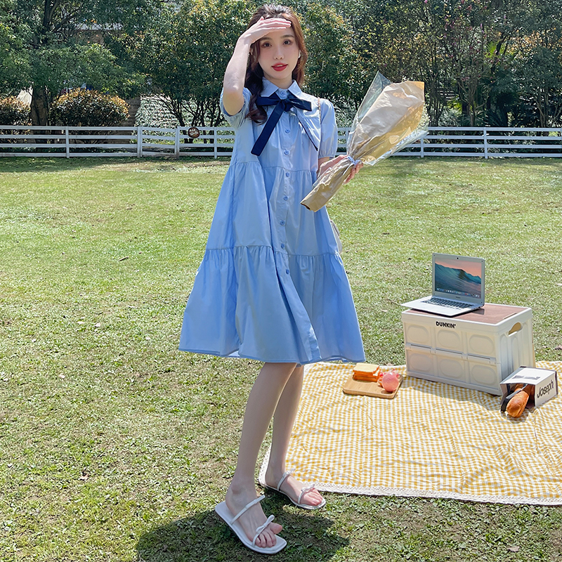 Summer 2025 College Style Blue Shirt Dress for Women - Fresh Loose Fit, Sweet Petite Design, First Love Aesthetic