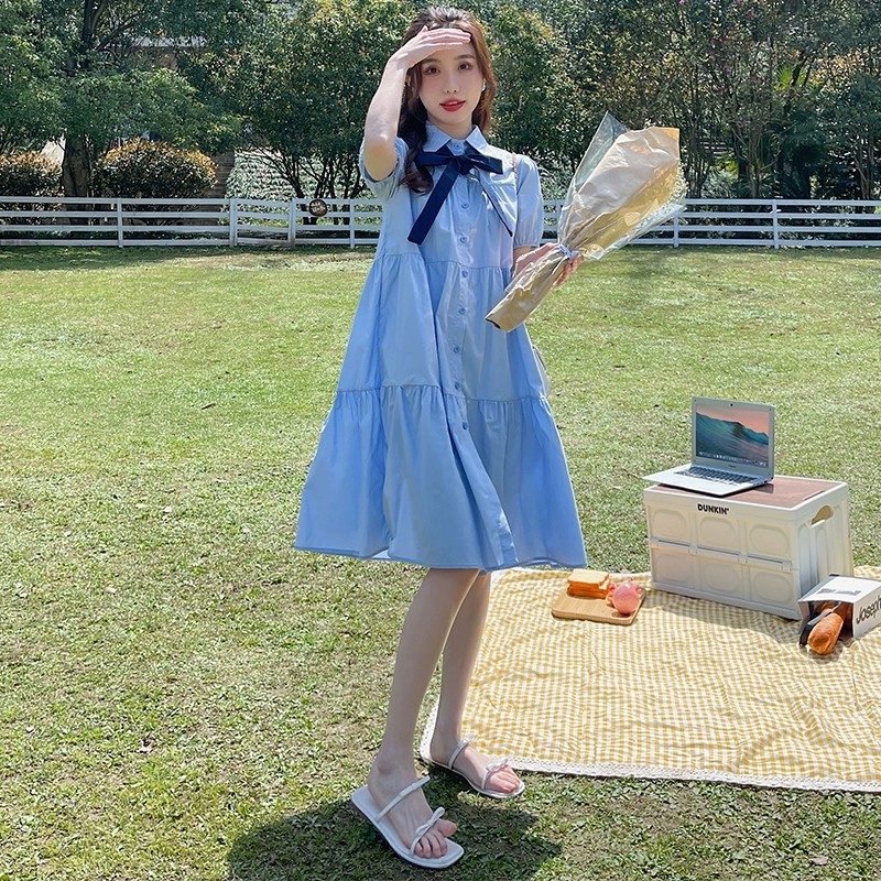 Summer 2025 College Style Blue Shirt Dress for Women - Fresh Loose Fit, Sweet Petite Design, First Love Aesthetic Summer 2025 College Style Blue Shirt Dress for Women - Fresh Loose Fit, Sweet Petite Design, First Love Aesthetic