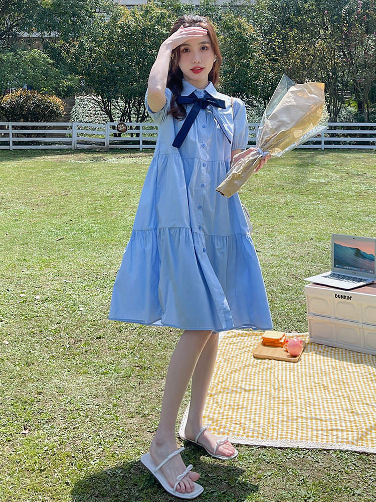 Summer 2025 College Style Blue Shirt Dress for Women - Fresh Loose Fit, Sweet Petite Design, First Love Aesthetic