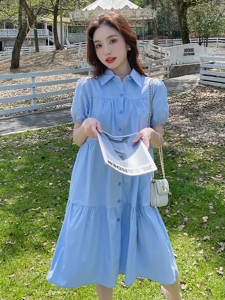 Summer 2025 College Style Blue Shirt Dress for Women - Fresh Loose Fit, Sweet Petite Design, First Love Aesthetic Summer 2025 College Style Blue Shirt Dress for Women - Fresh Loose Fit, Sweet Petite Design, First Love Aesthetic