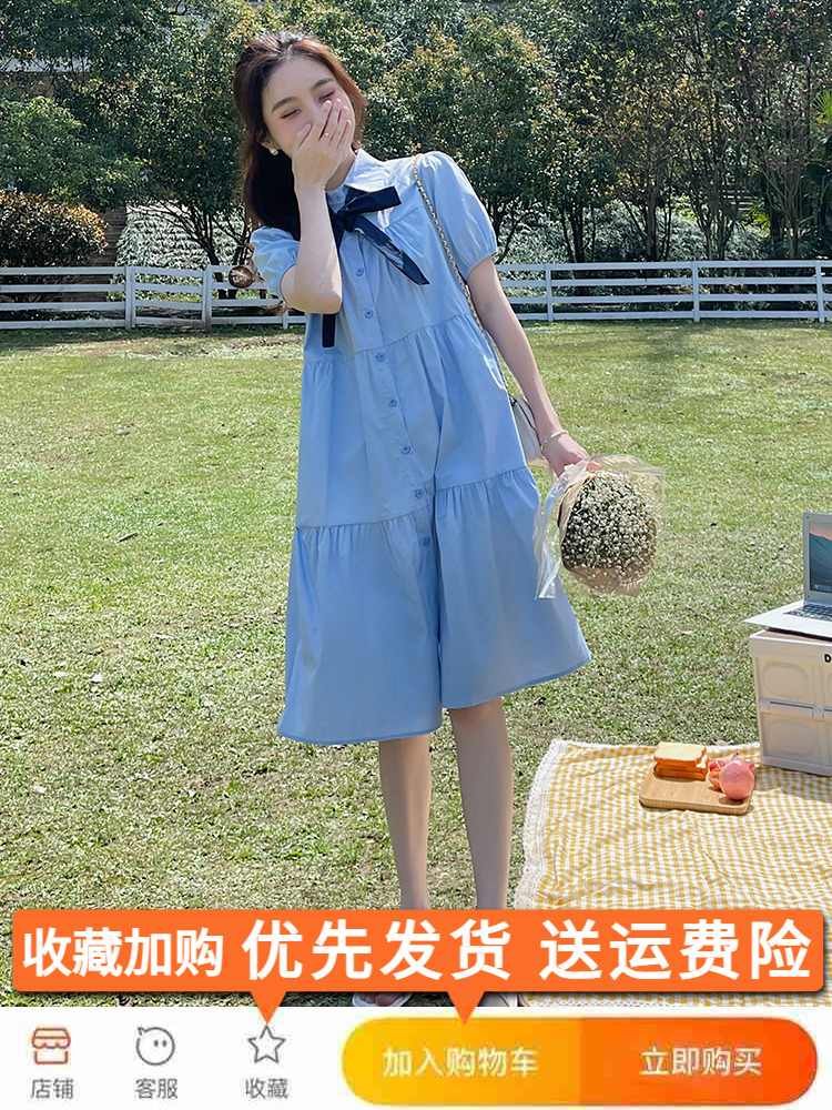 Summer 2025 College Style Blue Shirt Dress for Women - Fresh Loose Fit, Sweet Petite Design, First Love Aesthetic Summer 2025 College Style Blue Shirt Dress for Women - Fresh Loose Fit, Sweet Petite Design, First Love Aesthetic