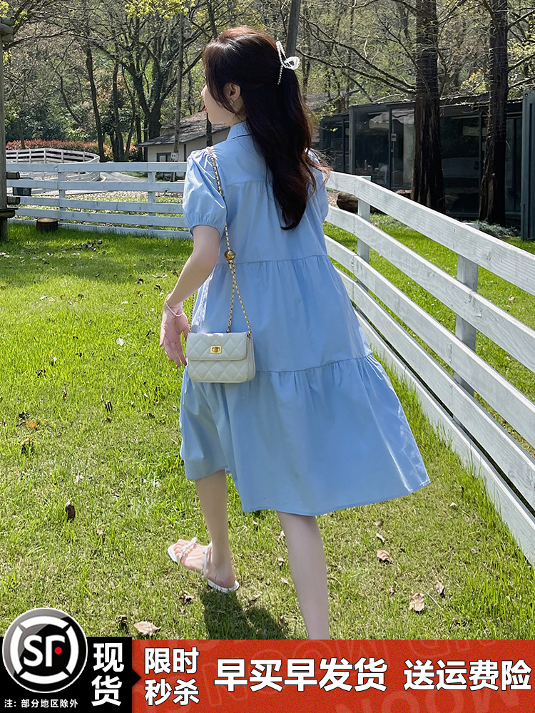 Summer 2025 College Style Blue Shirt Dress for Women - Fresh Loose Fit, Sweet Petite Design, First Love Aesthetic Summer 2025 College Style Blue Shirt Dress for Women - Fresh Loose Fit, Sweet Petite Design, First Love Aesthetic