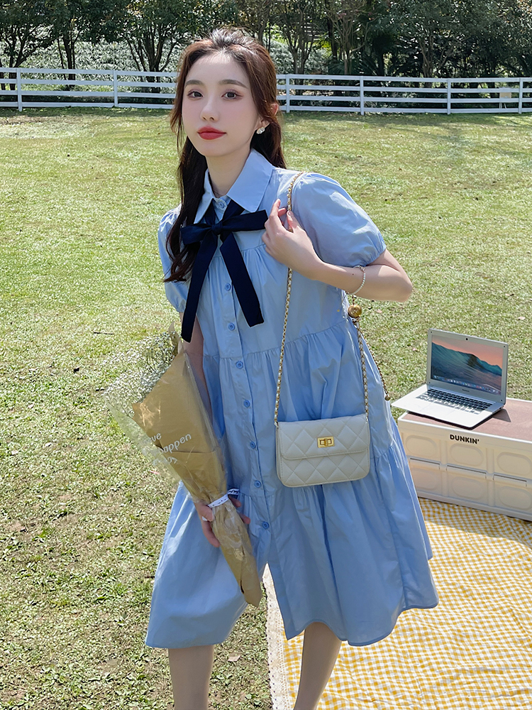 Summer 2025 College Style Blue Shirt Dress for Women - Fresh Loose Fit, Sweet Petite Design, First Love Aesthetic Summer 2025 College Style Blue Shirt Dress for Women - Fresh Loose Fit, Sweet Petite Design, First Love Aesthetic