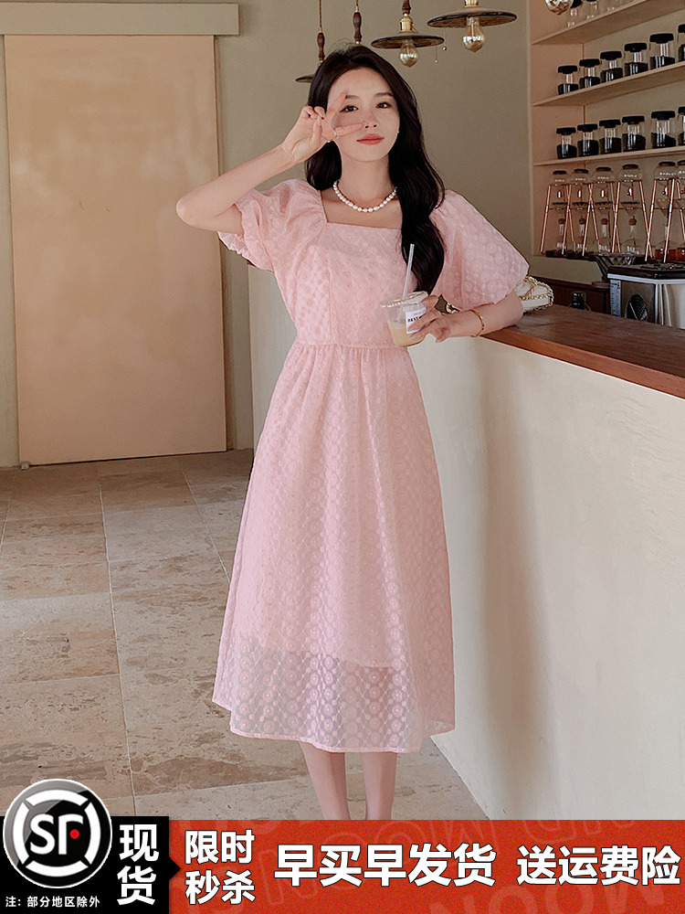 Summer 2025 French Macaron Pink Puff Sleeve Square Neck Chiffon Dress for Women - Unique High-End Fashion Statement Summer 2025 French Macaron Pink Puff Sleeve Square Neck Chiffon Dress for Women - Unique High-End Fashion Statement