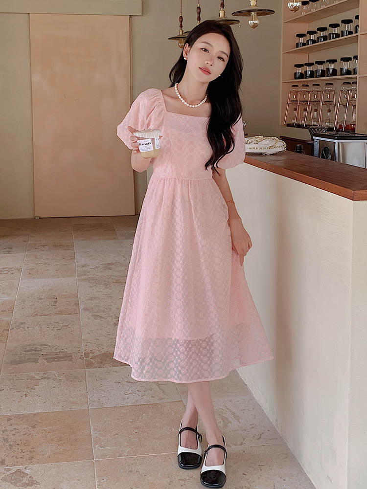 Summer 2025 French Macaron Pink Puff Sleeve Square Neck Chiffon Dress for Women - Unique High-End Fashion Statement Summer 2025 French Macaron Pink Puff Sleeve Square Neck Chiffon Dress for Women - Unique High-End Fashion Statement