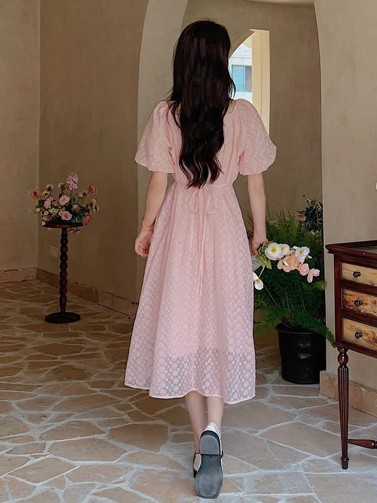 Summer 2025 French Macaron Pink Puff Sleeve Square Neck Chiffon Dress for Women - Unique High-End Fashion Statement Summer 2025 French Macaron Pink Puff Sleeve Square Neck Chiffon Dress for Women - Unique High-End Fashion Statement