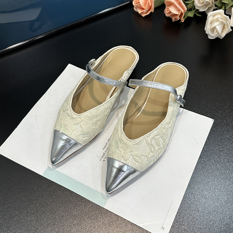 Summer 2025 French-Style Chunky-Heeled Color-Blocked Mules for Women - Genuine Leather Closed-Toe Half-Slippers for Outdoor Wear