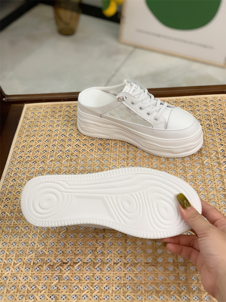 Summer 2025 Genuine Leather Open-Toe Half Slippers for Women, Hollow Mesh Backless Little White Shoes with 7CM Height Increase Summer 2025 Genuine Leather Open-Toe Half Slippers for Women, Hollow Mesh Backless Little White Shoes with 7CM Height Increase
