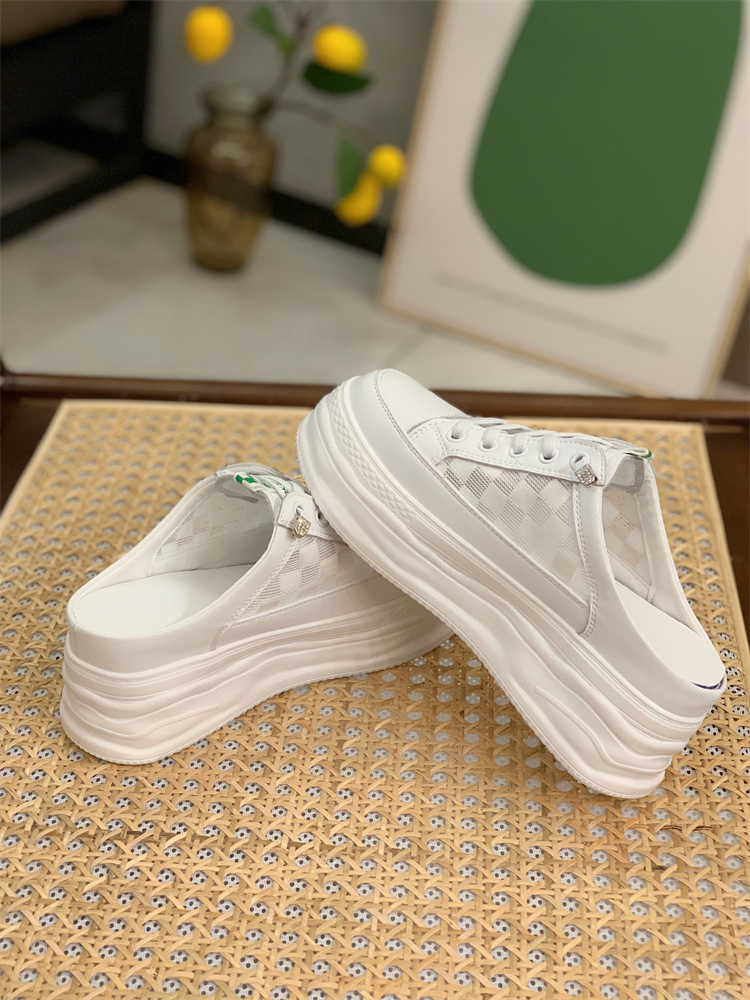 Summer 2025 Genuine Leather Open-Toe Half Slippers for Women, Hollow Mesh Backless Little White Shoes with 7CM Height Increase Summer 2025 Genuine Leather Open-Toe Half Slippers for Women, Hollow Mesh Backless Little White Shoes with 7CM Height Increase