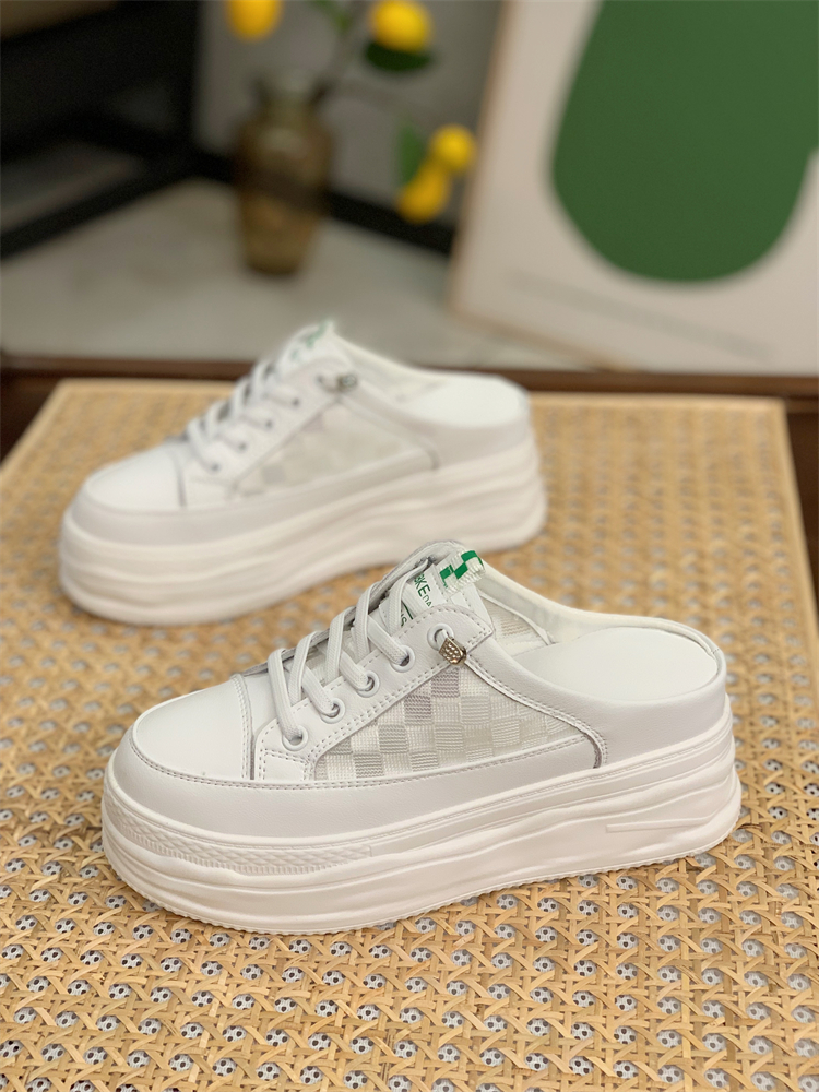 Summer 2025 Genuine Leather Open-Toe Half Slippers for Women, Hollow Mesh Backless Little White Shoes with 7CM Height Increase