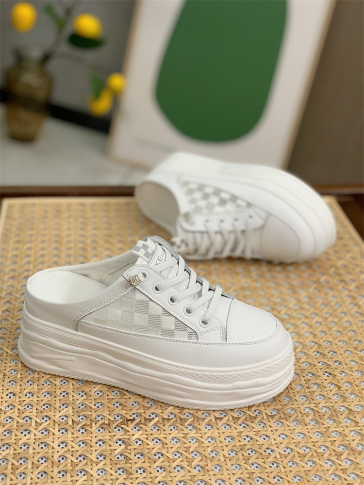 Summer 2025 Genuine Leather Open-Toe Half Slippers for Women, Hollow Mesh Backless Little White Shoes with 7CM Height Increase Summer 2025 Genuine Leather Open-Toe Half Slippers for Women, Hollow Mesh Backless Little White Shoes with 7CM Height Increase