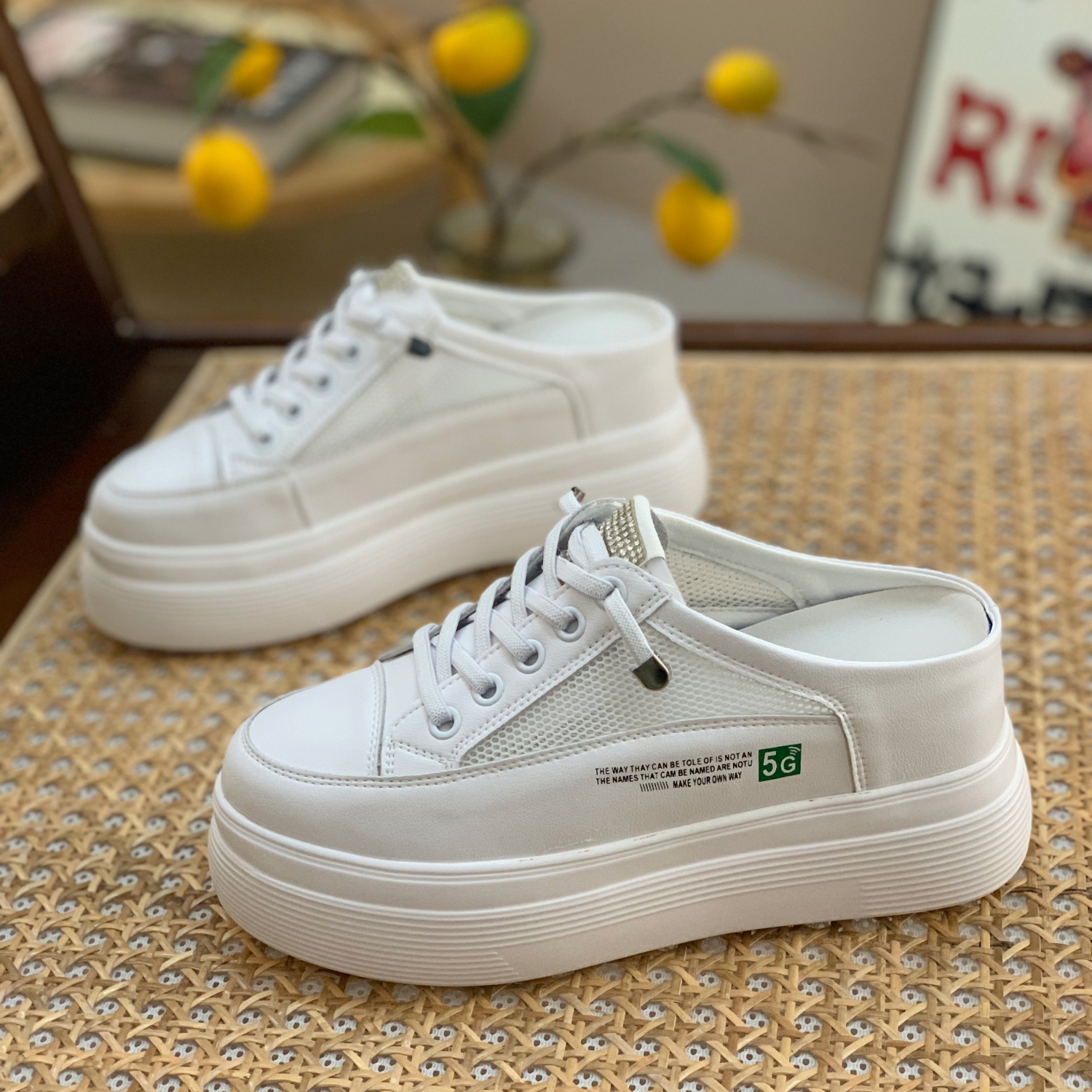 Summer 2025 Genuine Leather Open-Toe Half Slippers for Women, Hollow Mesh Backless Little White Shoes with 7CM Height Increase Summer 2025 Genuine Leather Open-Toe Half Slippers for Women, Hollow Mesh Backless Little White Shoes with 7CM Height Increase