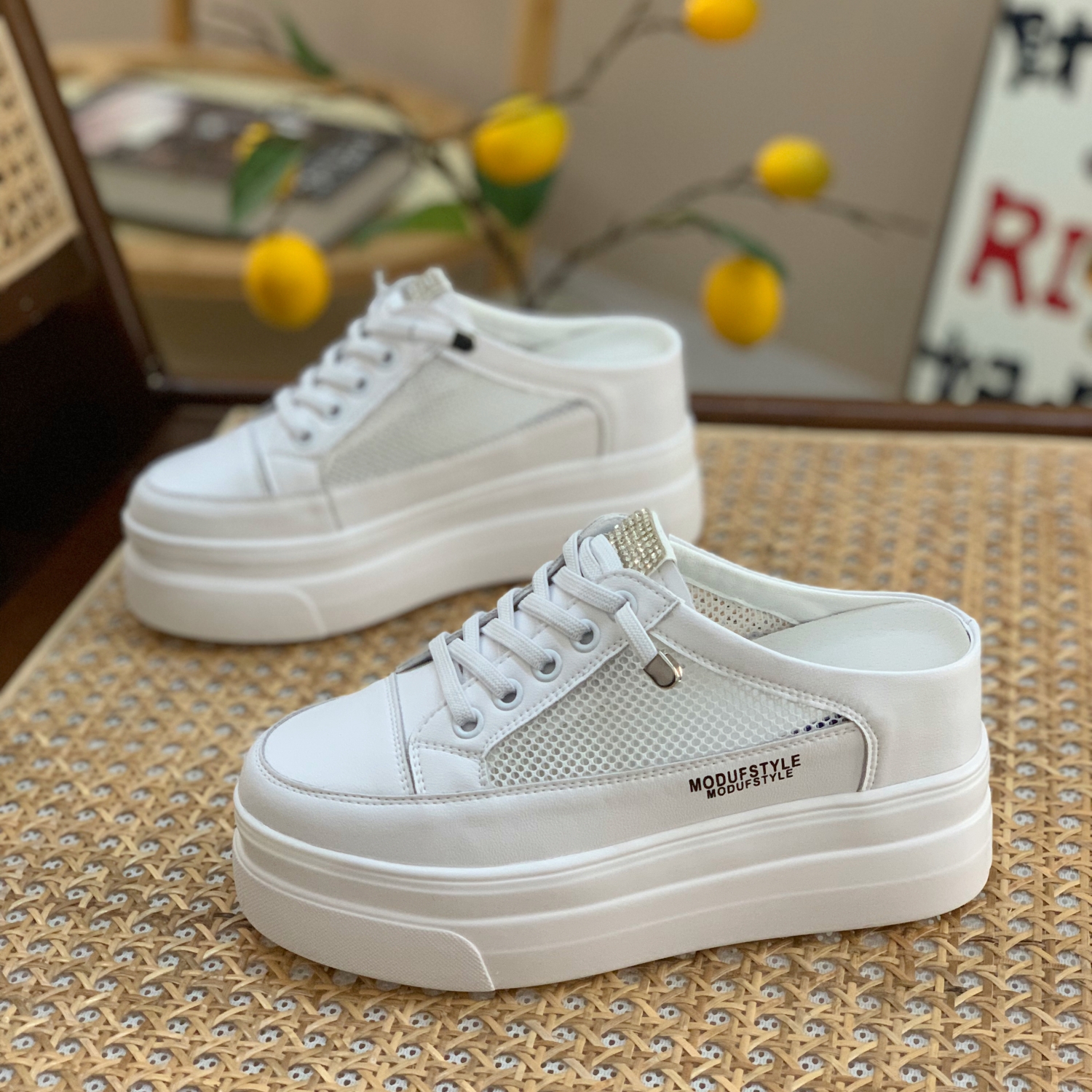 Summer 2025 Genuine Leather Open-Toe Half Slippers for Women, Hollow Mesh Backless Little White Shoes with 7CM Height Increase Summer 2025 Genuine Leather Open-Toe Half Slippers for Women, Hollow Mesh Backless Little White Shoes with 7CM Height Increase