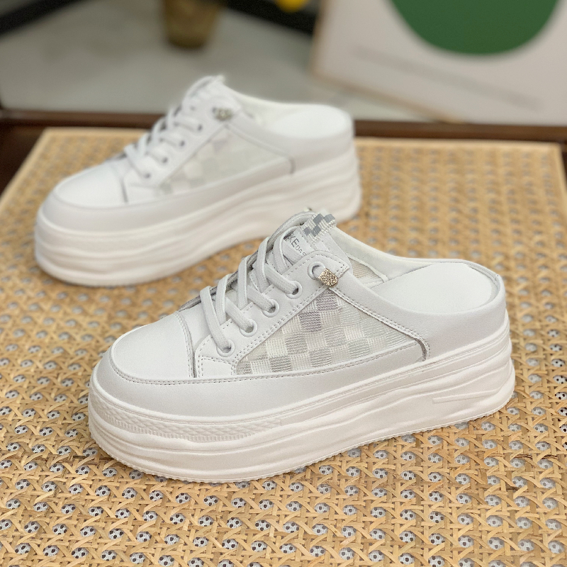 Summer 2025 Genuine Leather Open-Toe Half Slippers for Women, Hollow Mesh Backless Little White Shoes with 7CM Height Increase Summer 2025 Genuine Leather Open-Toe Half Slippers for Women, Hollow Mesh Backless Little White Shoes with 7CM Height Increase