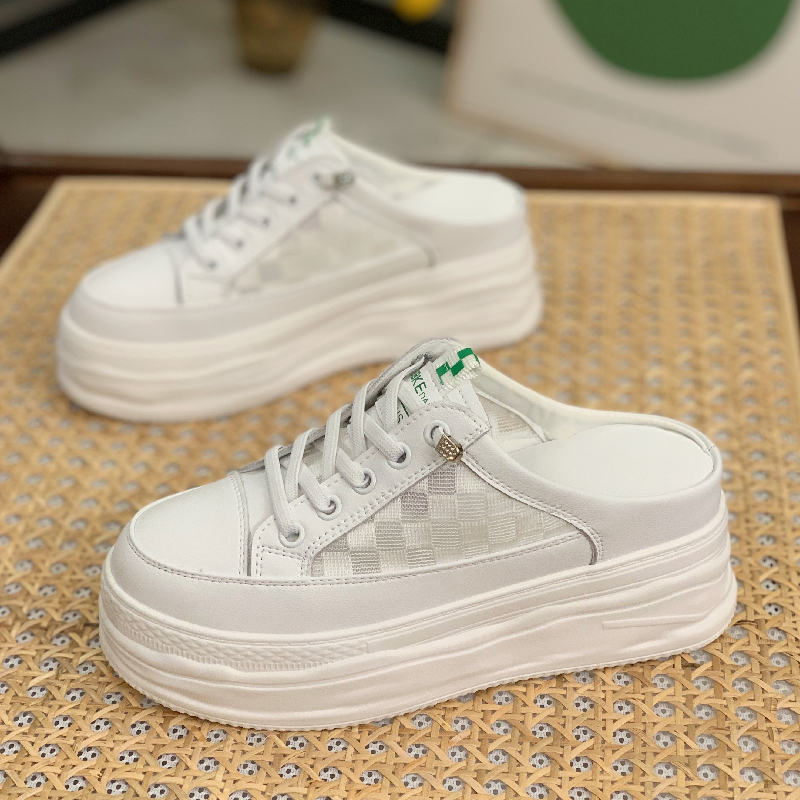 Summer 2025 Genuine Leather Open-Toe Half Slippers for Women, Hollow Mesh Backless Little White Shoes with 7CM Height Increase