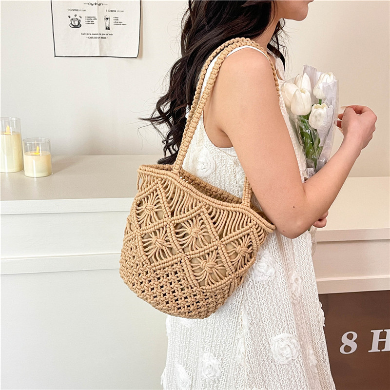 Summer 2025 Hollow Underarm Woven Bag for Women - Relaxed Beach Vacation Straw Bucket Bag, Single-Shoulder Style