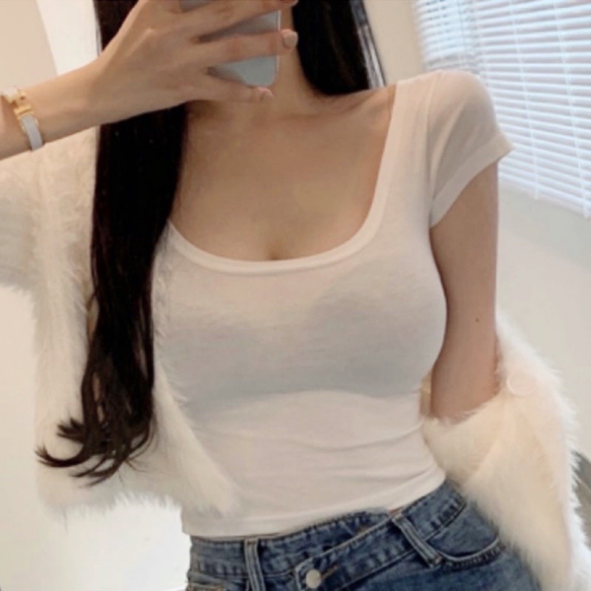 Summer 2025 Sexy Low U-Neck Women's T-Shirt with Waist-Showing Short Sleeves - Dongdaemun Korean Style Fashion Summer 2025 Sexy Low U-Neck Women's T-Shirt with Waist-Showing Short Sleeves - Dongdaemun Korean Style Fashion