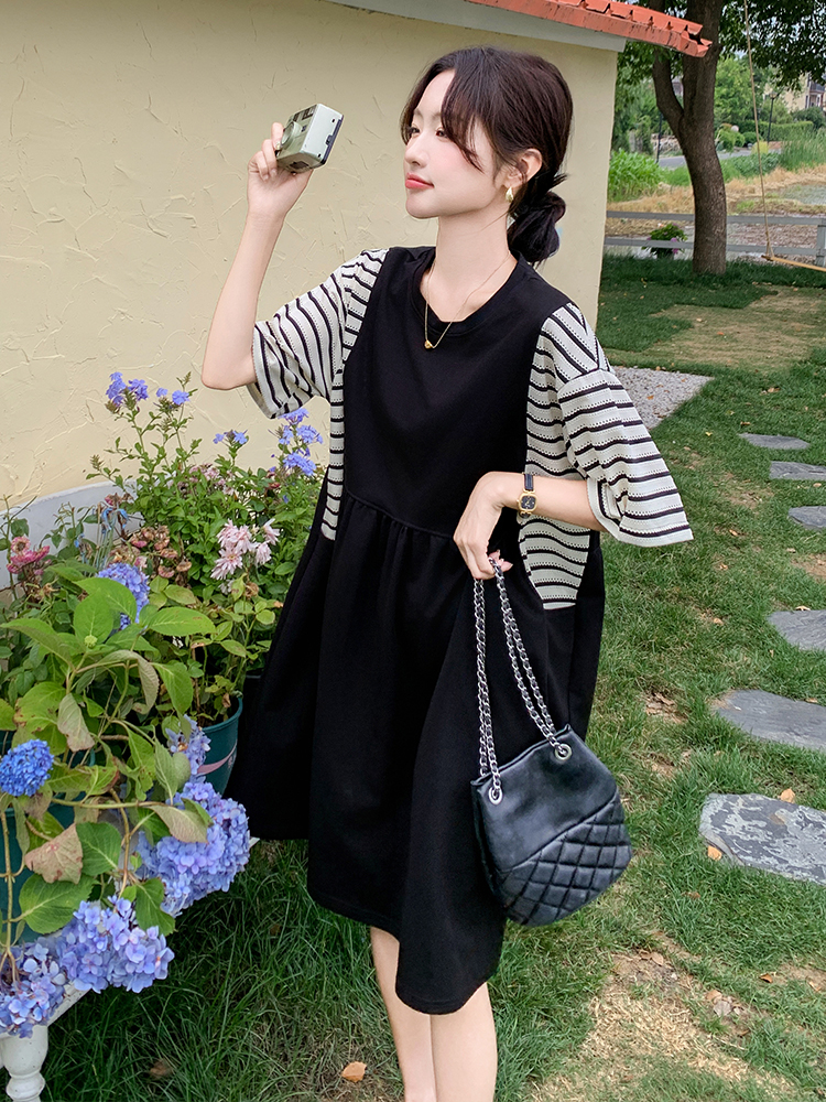 Summer 2025 Striped Patchwork T-Shirt Dress for Women - Relaxed Fit, Casual Loose Design, Flattering for Hiding the Belly