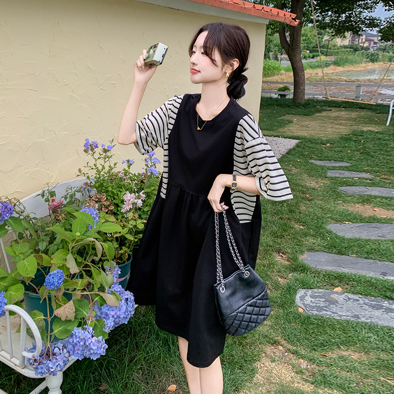 Summer 2025 Striped Patchwork T-Shirt Dress for Women - Relaxed Fit, Casual Loose Design, Flattering for Hiding the Belly