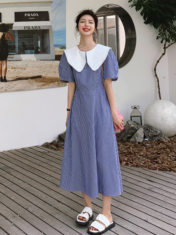 Summer 2025 Women's College Style Doll Collar Plaid Dress - Waist-Cinching, Unique Niche, Age-Reducing Long Dress