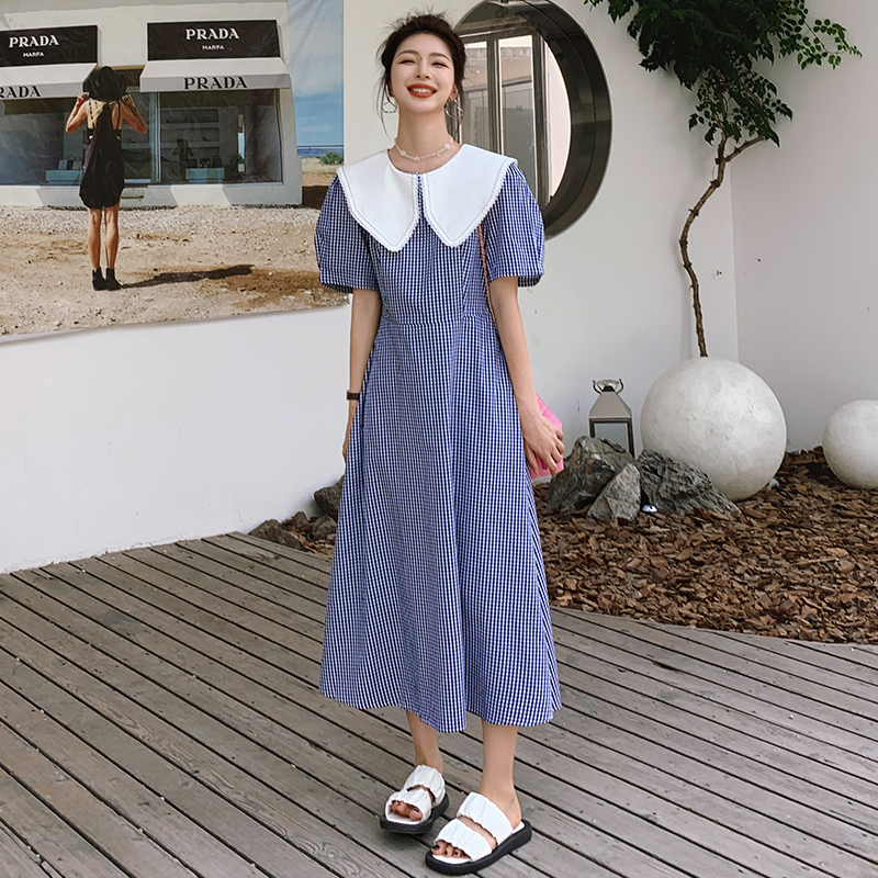 Summer 2025 Women's College Style Doll Collar Plaid Dress - Waist-Cinching, Unique Niche, Age-Reducing Long Dress