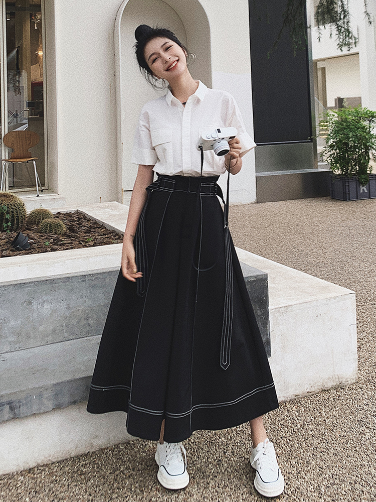 Summer 2025 Women's Commuter Style White Shirt and High-Waisted Long Skirt Two-Piece Set - Elegant Casual Fashion
