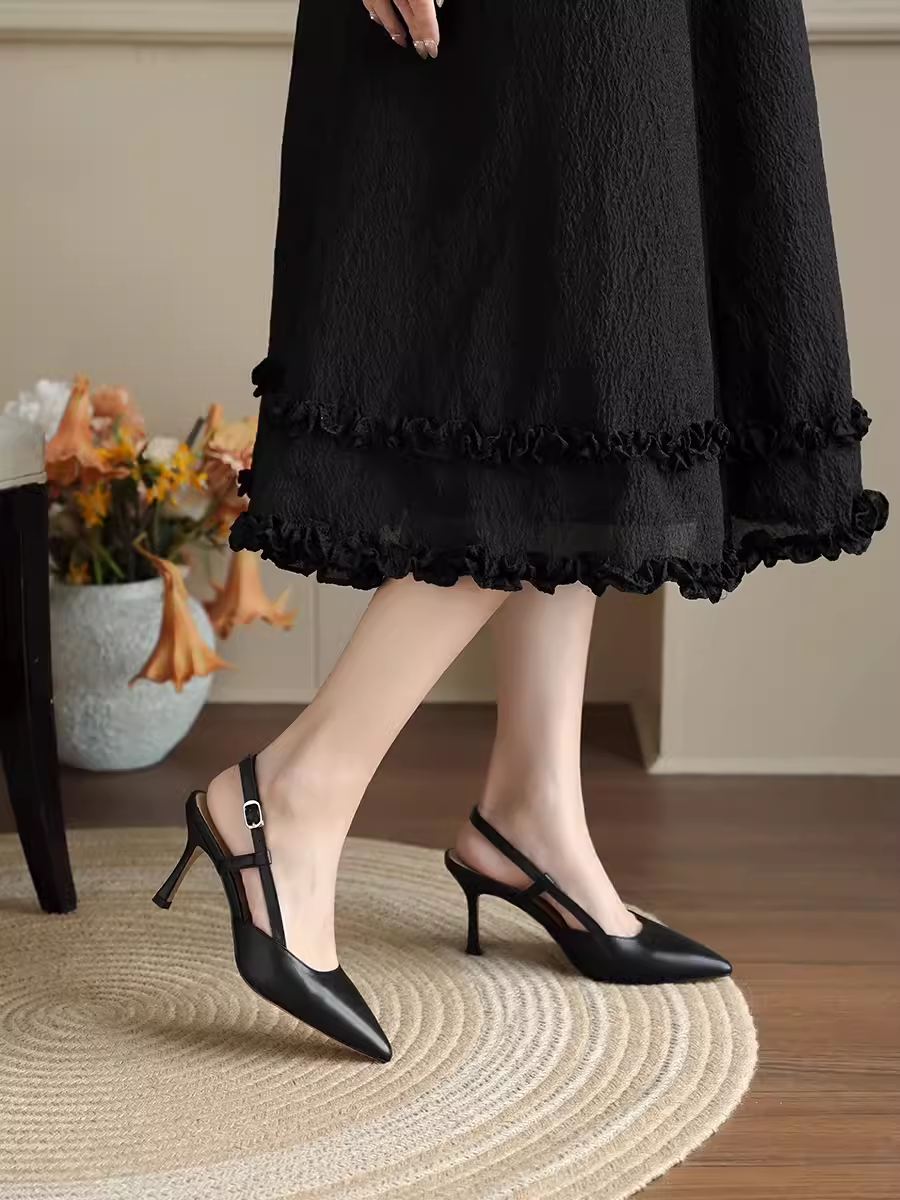 Summer 2025 Women's Pointed Toe High Heels Open-Back Strap Sandals in Genuine Leather - Chic Thin Heel Design