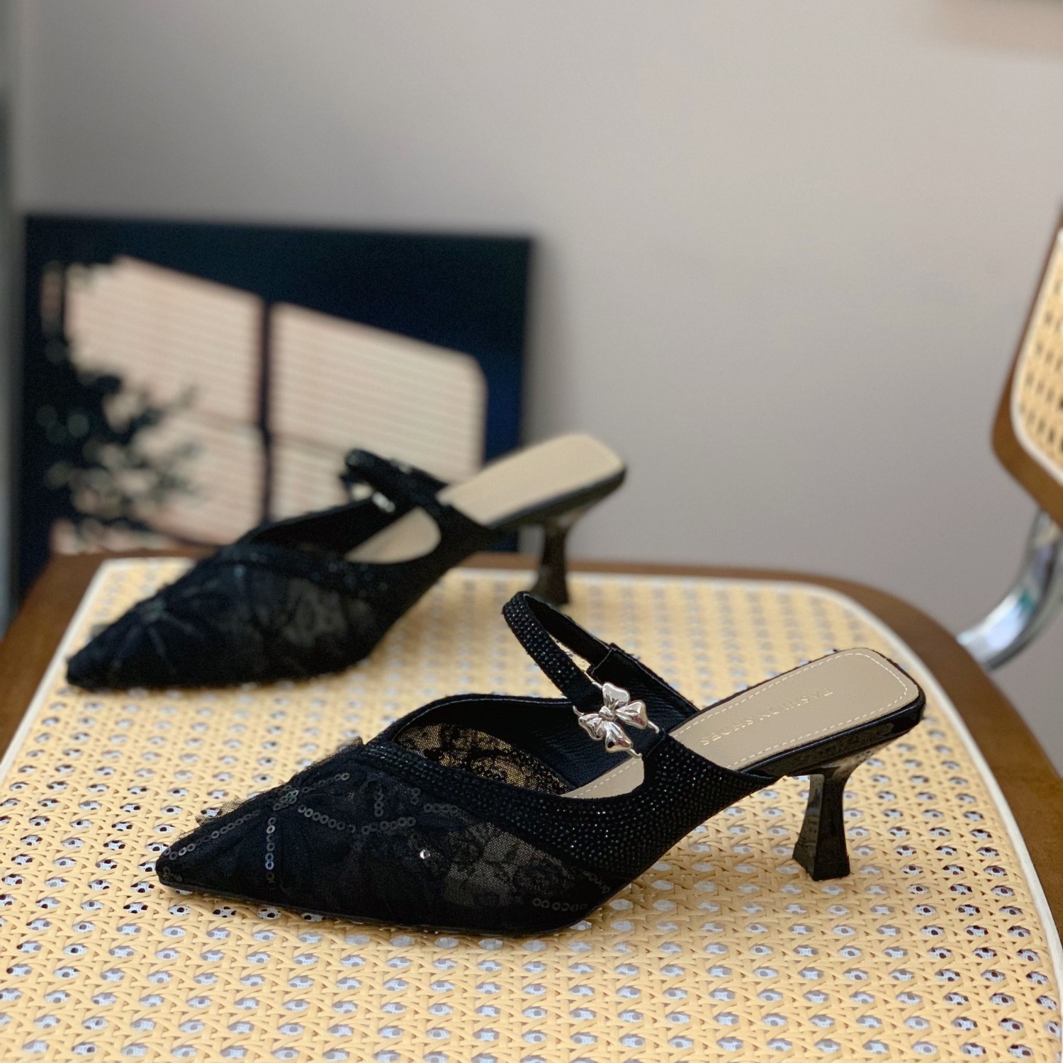 Summer 2025 Womenâ€™s Pointed Toe Lace Sequins Half Slippers - Fashionable Closed-Toe Thin Heels for Comfortable Elegance