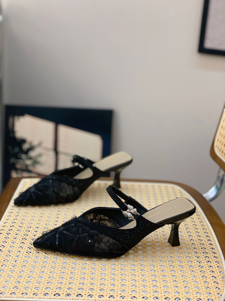 Summer 2025 Womenâ€™s Pointed Toe Lace Sequins Half Slippers - Fashionable Closed-Toe Thin Heels for Comfortable Elegance