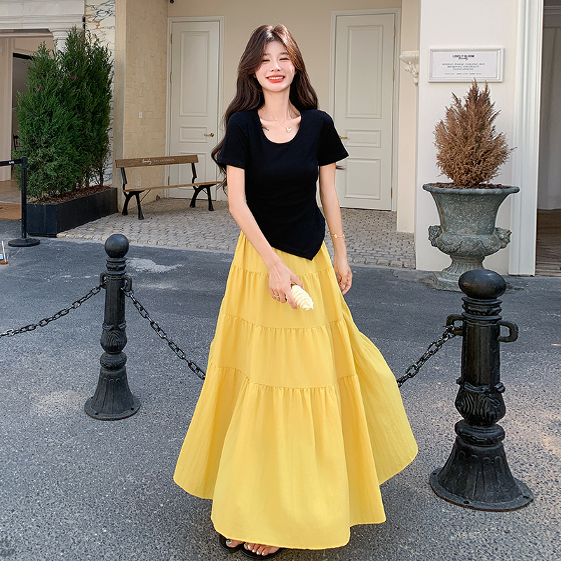 Summer 2025 Women's Short Sleeve Two-Piece Outfit Set - Unique Dopamine Style Long Dress for Vacation Wear