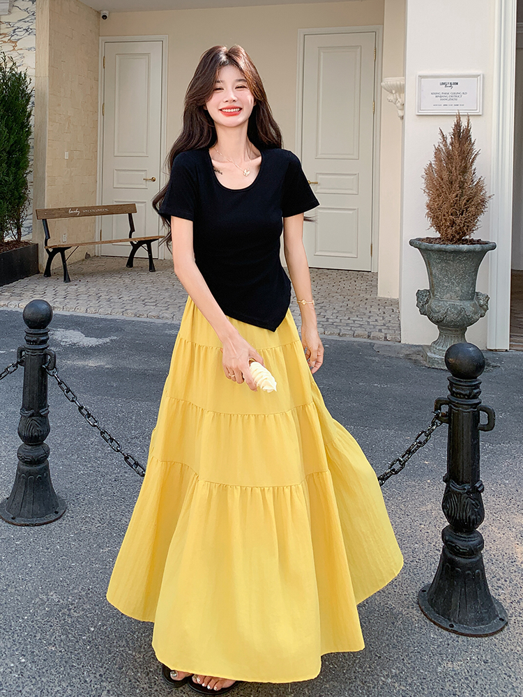 Summer 2025 Women's Short Sleeve Two-Piece Outfit Set - Unique Dopamine Style Long Dress for Vacation Wear