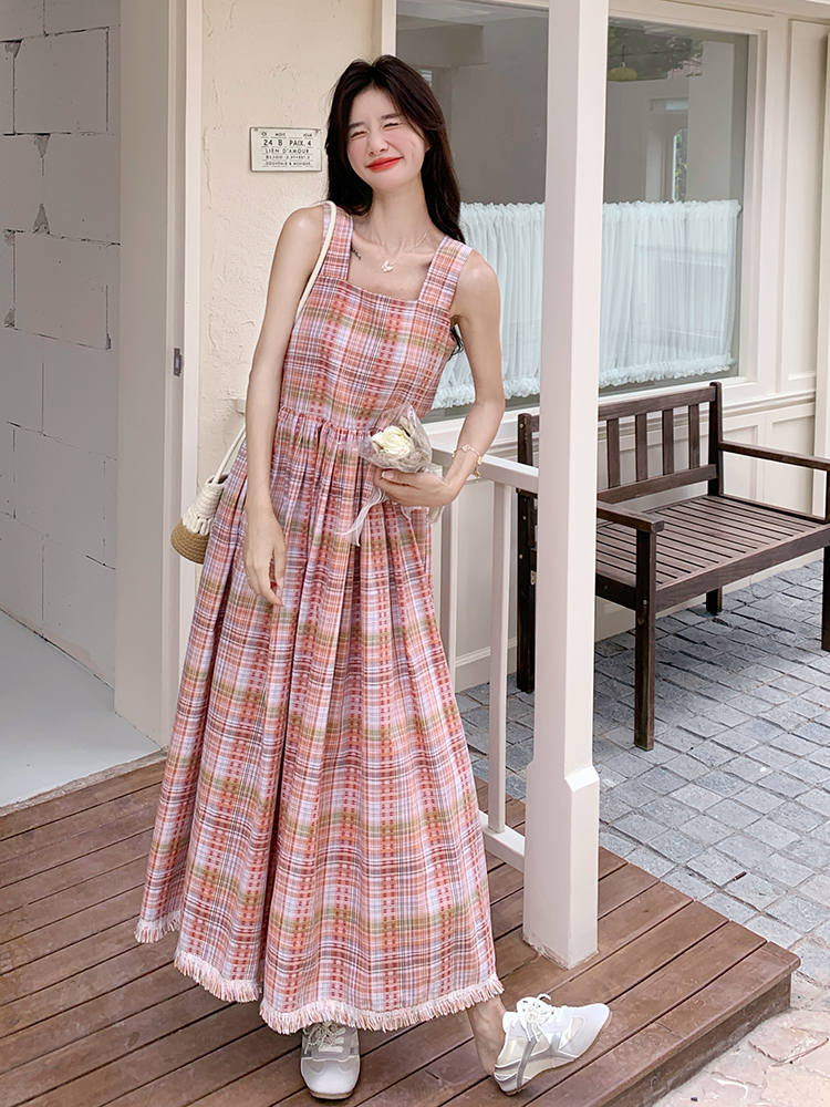 Summer 2025 Women's Unique Patchwork Plaid Sleeveless Vest Dress - Beautiful Age-Reducing Long Dress in Chic Style