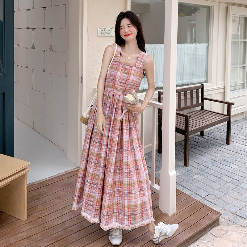 Summer 2025 Women's Unique Patchwork Plaid Sleeveless Vest Dress - Beautiful Age-Reducing Long Dress in Chic Style