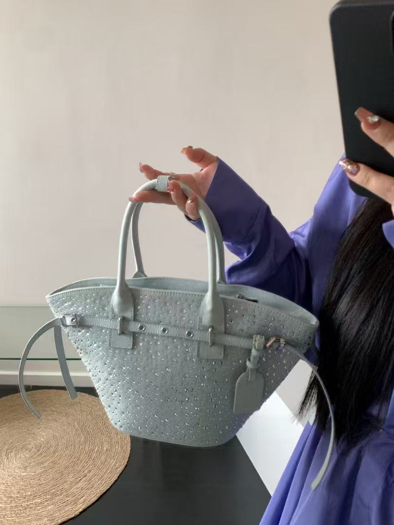 Summer 2025 Zhao Lusi Style Rhinestone Bucket Bag - Vacation Denim Crossbody Tote for Trendy Y2K Fashion