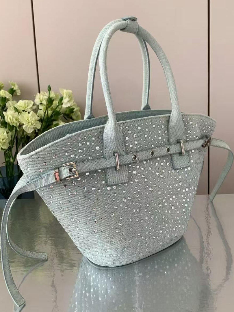 Summer 2025 Zhao Lusi Style Rhinestone Bucket Bag - Vacation Denim Crossbody Tote for Trendy Y2K Fashion