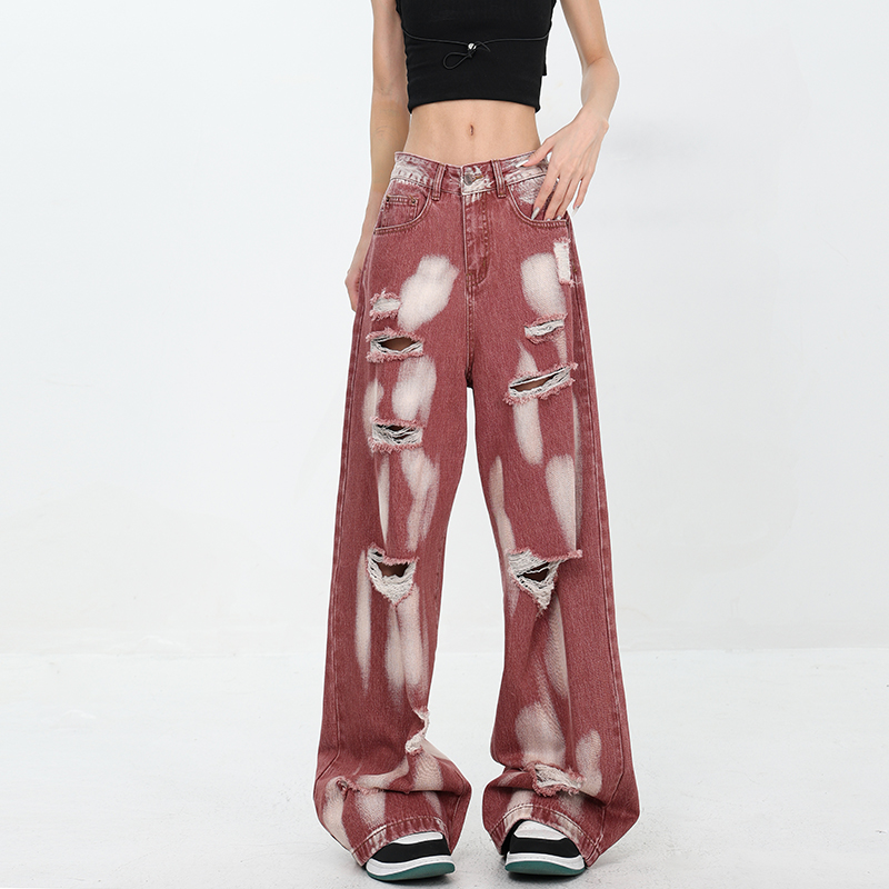 Summer American Style Ripped Jeans for Women - High Waist Tie-Dye Wide Leg Floor-Length Pants, Trendy Y2K Fashion