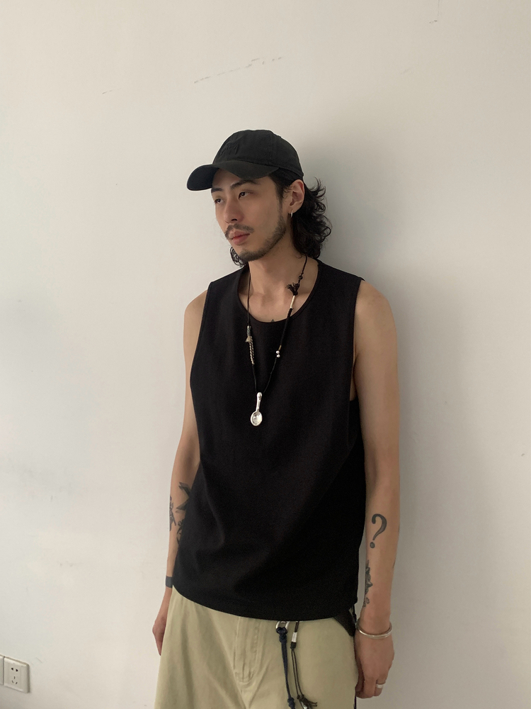 Summer American Vintage Wide Round Neck Sleeveless T-Shirt for Men and Women - Casual Loose Solid Color Top, 90s Style