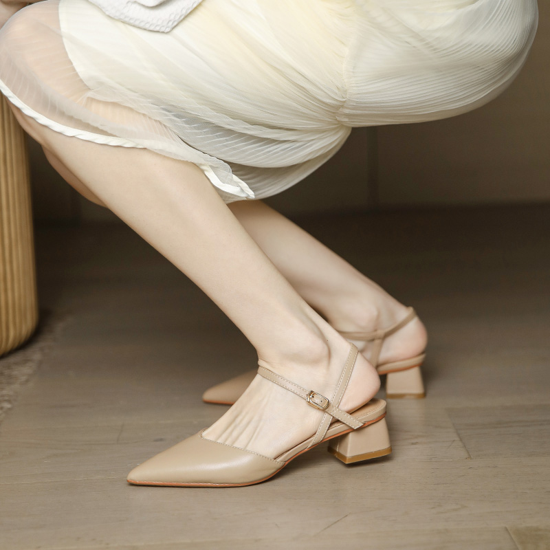 Summer Baotou Backless Sandals for Women - 3CM Chunky Heel, Minimalist Nude One-Strap Design, Retro 2025 Style