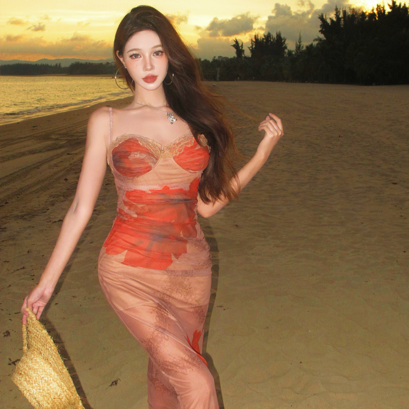 Summer Beach Vacation Red Sheer Camisole Dress - French-Style Bodycon with Waist-Cinching Design for Women
