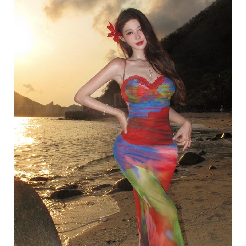 Summer Beach Vacation Red Sheer Camisole Dress - French-Style Bodycon with Waist-Cinching Design for Women Summer Beach Vacation Red Sheer Camisole Dress - French-Style Bodycon with Waist-Cinching Design for Women