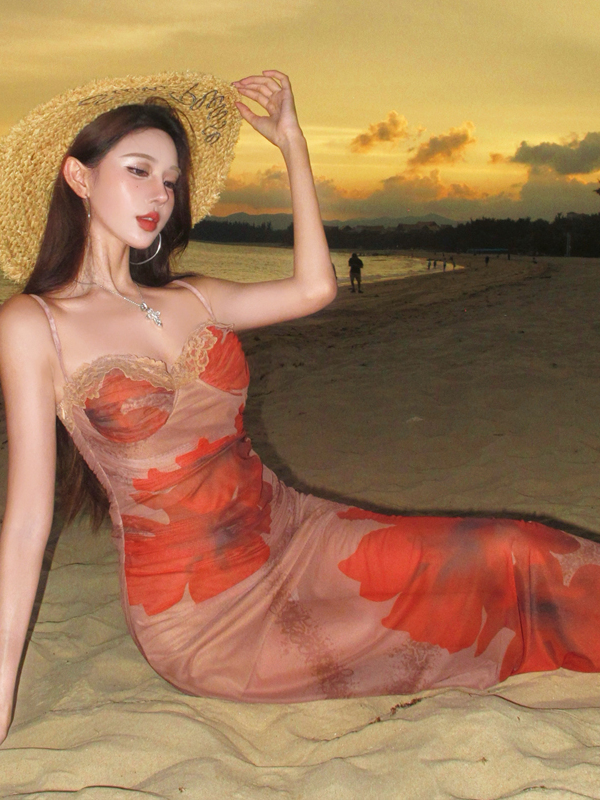 Summer Beach Vacation Red Sheer Camisole Dress - French-Style Bodycon with Waist-Cinching Design for Women Summer Beach Vacation Red Sheer Camisole Dress - French-Style Bodycon with Waist-Cinching Design for Women