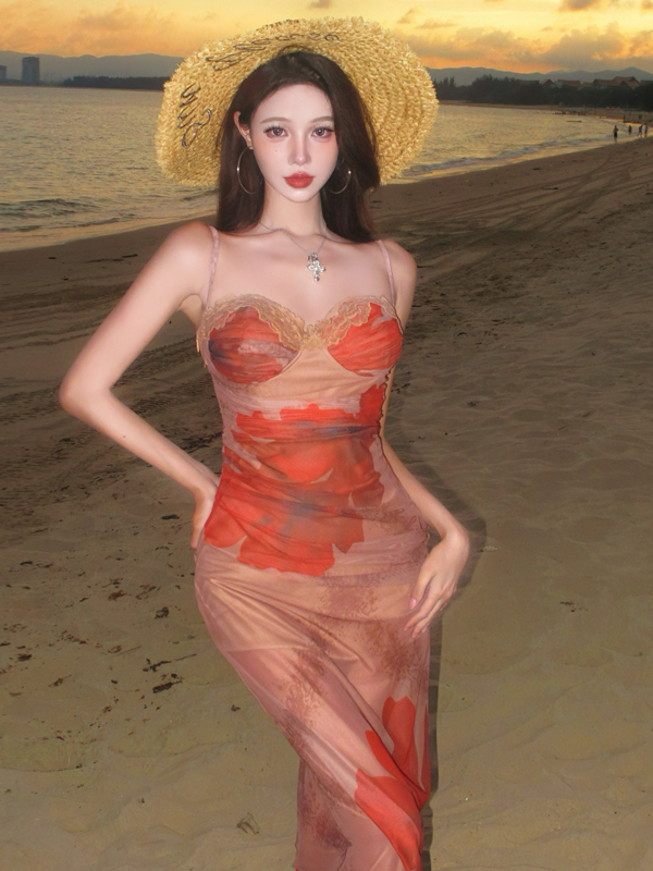 Summer Beach Vacation Red Sheer Camisole Dress - French-Style Bodycon with Waist-Cinching Design for Women Summer Beach Vacation Red Sheer Camisole Dress - French-Style Bodycon with Waist-Cinching Design for Women